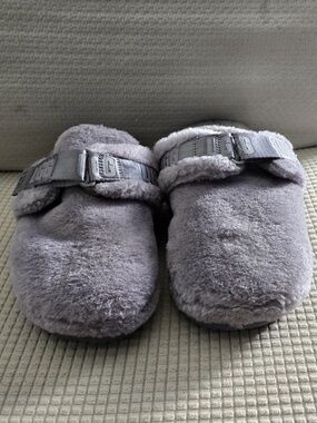 UGG Gray Plush Shearling Clogs with Branded Strap